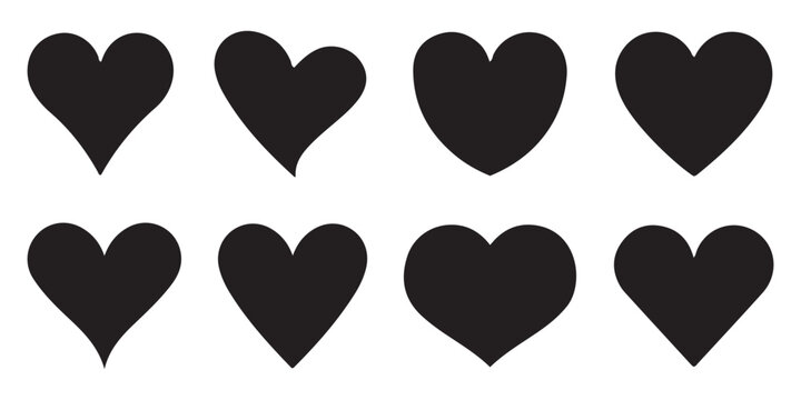 Set of hearts in black color, Black heart icons set vector, Set of 8 hearts of different shapes for web. Heart collection.