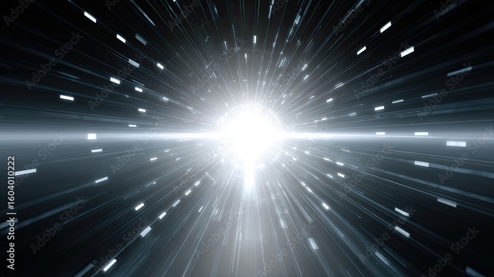 Poster bright light rays expanding from center with dynamic motion blur in dark space background