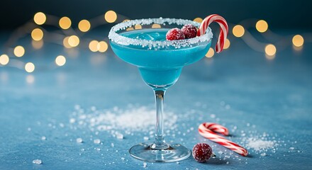 A Blue Christmas Margarita, rimmed with sugar crystals, garnished with a sugared cranberry and a miniature candy cane, on a cool, icy blue surface. The background features blurred