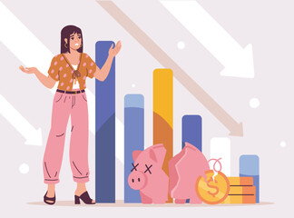Woman looking worried near bar chart with declining arrows, broken piggy bank, and shattered coin, on light abstract background. Concept of economic failure. Vector illustration
