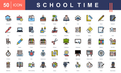 School Time icon set featuring essential classroom tools, subjects, and activities—ideal for educational content, school design materials, academic platforms, and back-to-school promotions.