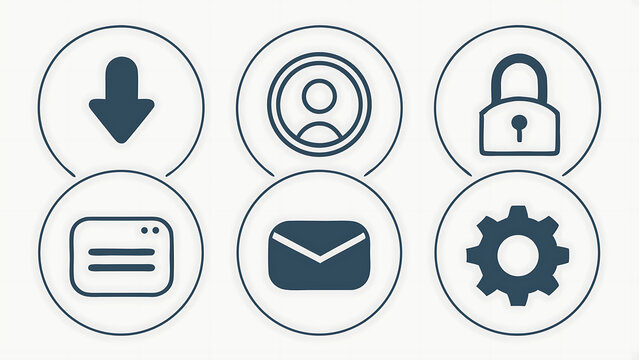 Illustration of six circular icons depicting download, profile, lock, browser, email, and settings