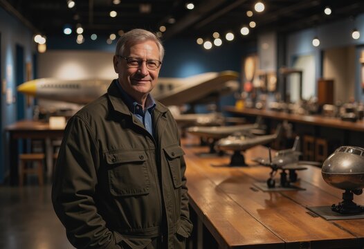 Aviation historian at the International Aviation Day museum, surrounded by models - Powered by Adobe
