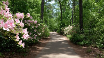 Serene Pathway Through Lush Green Forest Surrounded by Blooming Pink Flowers in Nature's Tranquility