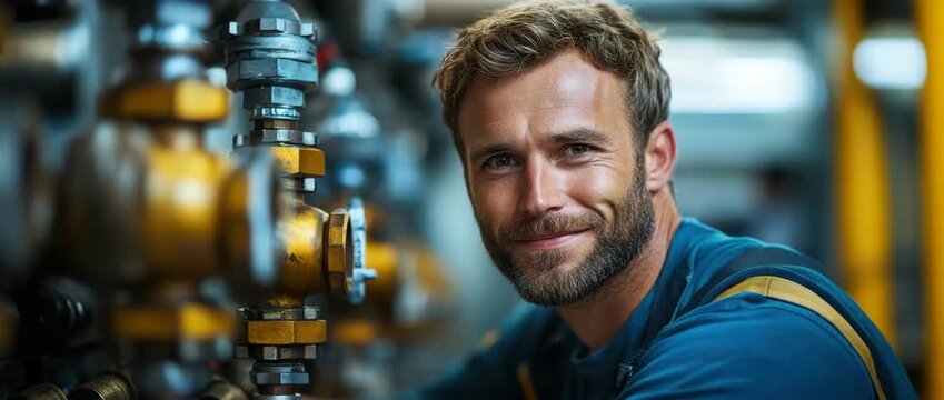 Man smiling near industrial pipes valves factory uniform machinery equipment worker confident maintenance technician engineer professional portrait close up mechanical environment metal pipe valve