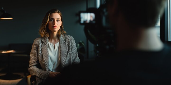 Professional Woman Being Filmed in Studio Interview Setup