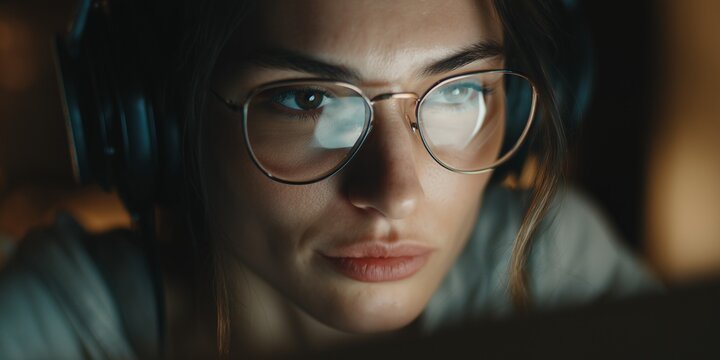 Serious Young Woman Working at Night Wearing Headphones and Glasses