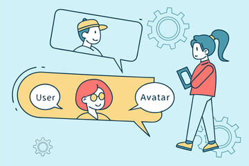 Illustration of a woman with a tablet interacting with user avatars and gear icons on a light blue background