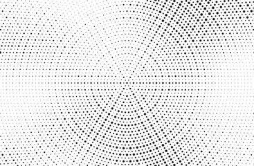 Naklejka premium Radial halftone gradient background. Dotted concentric texture with fading effect. Black and white circle shade wallpaper. Grunge rough vector. Monochrome backdrop