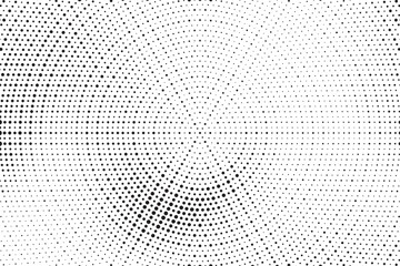Radial halftone gradient background. Dotted concentric texture with fading effect. Black and white circle shade wallpaper. Grunge rough vector. Monochrome backdrop