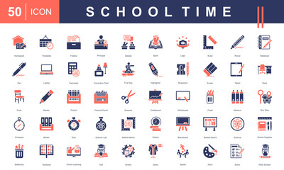 School Time icon set featuring essential classroom tools, subjects, and activities—ideal for educational content, school design materials, academic platforms, and back-to-school promotions.