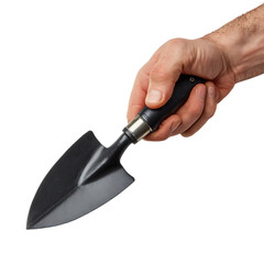 Hand holding a garden trowel isolated on transparent background