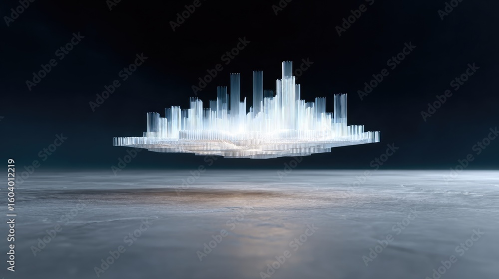 Poster abstract futuristic city skyline with transparent structures, glowing light, and dark background cre
