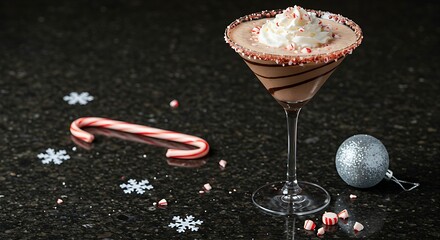 A Peppermint Mocha Martini rich chocolate swirls lining the glass, on a sleek, dark granite countertop. A subtle scattering of snowflake decals and a muted silver ornament complete the modern holiday 