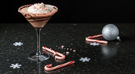 A Peppermint Mocha Martini rich chocolate swirls lining the glass, on a sleek, dark granite countertop. A subtle scattering of snowflake decals and a muted silver ornament complete the modern holiday 