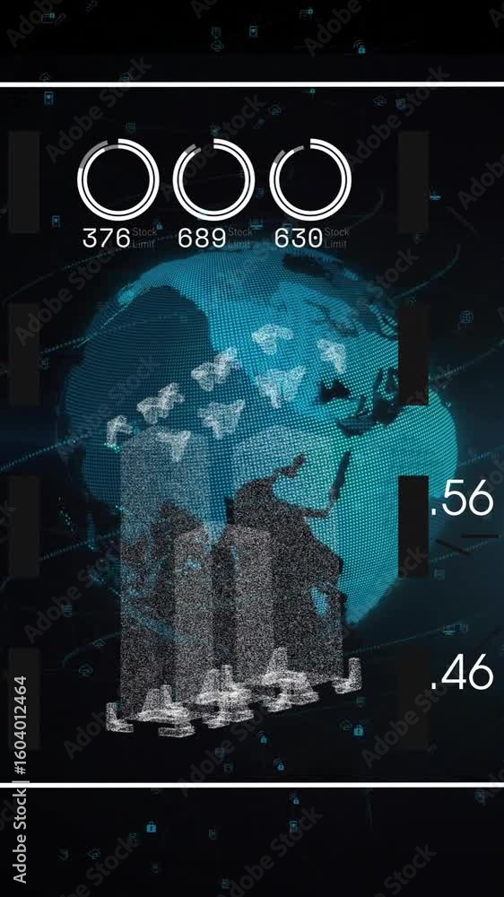 Poster digital world map with data processing animation over futuristic interface elements