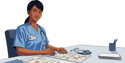 Doctor Reviewing Medical Exams at Desk. Illustration of a Healthcare Professional
