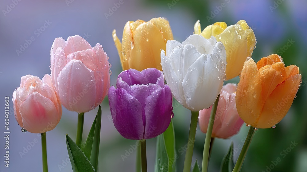 Poster fresh and colorful tulips with dewdrops in a garden setting capturing the essence of spring