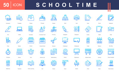 School Time icon set featuring essential classroom tools, subjects, and activities—ideal for educational content, school design materials, academic platforms, and back-to-school promotions.