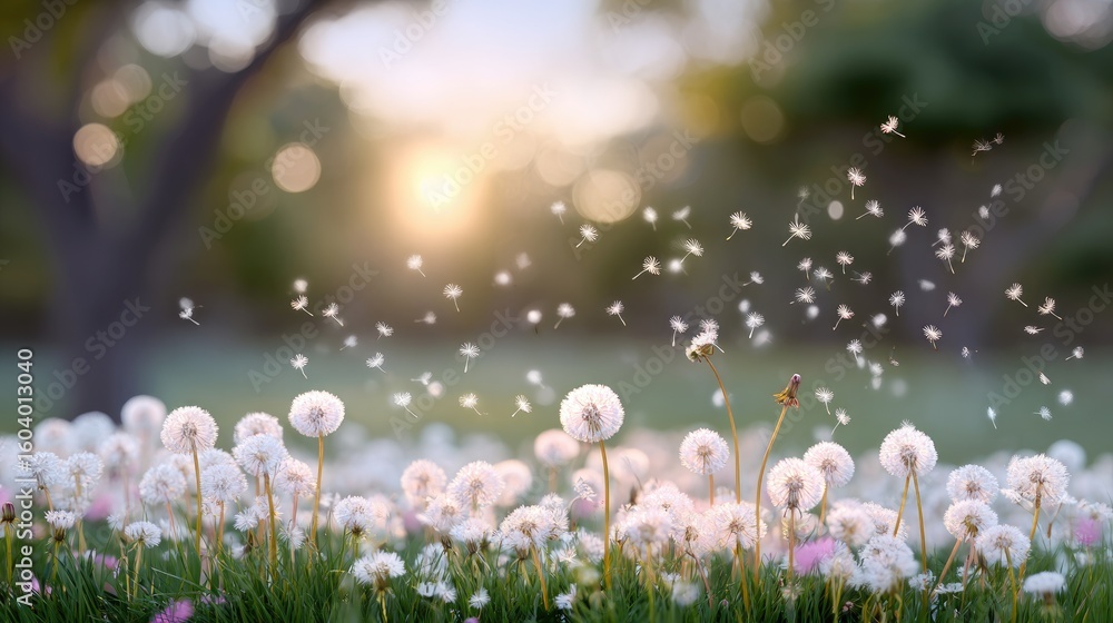 Poster beautiful dandelion field at sunset with flying seeds and soft bokeh background in serene natural se