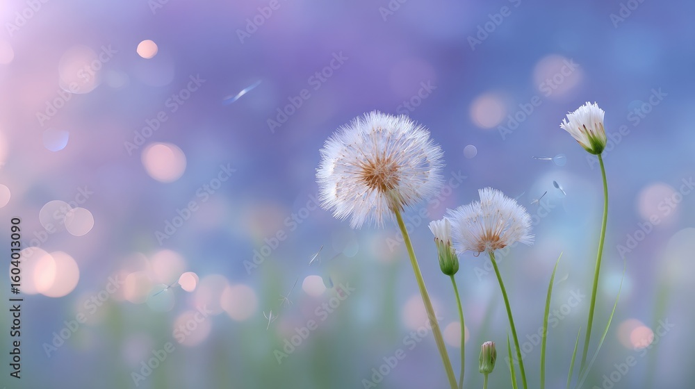 Poster delicate dandelion puffs against a soft blurred background with gentle bokeh effect in pastel colors