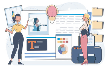 Two women collaborate in an office with visual content, charts, text, printer, and folders on a modern flat background. Concept of digital project planning. Vector illustration