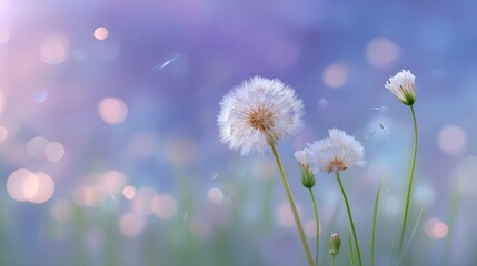 Fototapeta premium Delicate Dandelion Puffs Against a Soft Blurred Background with Gentle Bokeh Effect in Pastel Colors