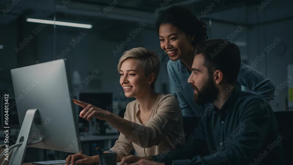 Poster diverse team of professionals collaborating enthusiastically around a computer screen in a modern of