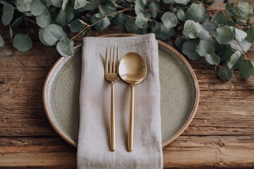Rustic wedding table setting with gold cutlery and eucalyptus