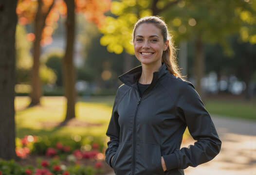 Outdoor fitness coordinator smiling in a park setting, promoting wellness
