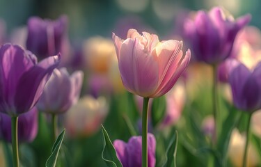 Obraz premium Blurred Foreground Close-up of Pink Rose-Gold Tulip in Purple Field with Soft Sunlight Petal Detail