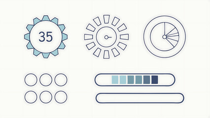 Illustration of dashboard elements with circular charts and progress bars on white background
