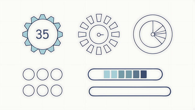Illustration of dashboard elements with circular charts and progress bars on white background