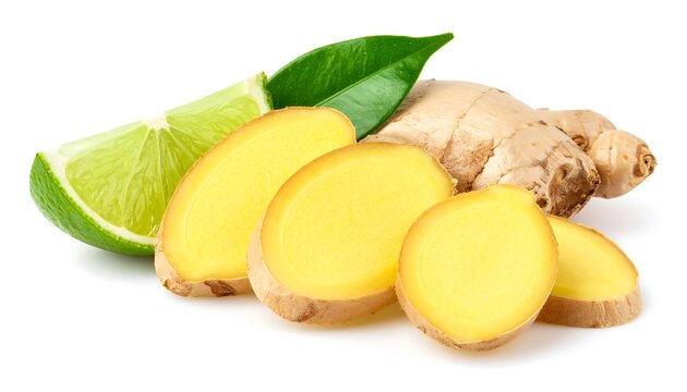 Fresh ginger and lime slices on white background