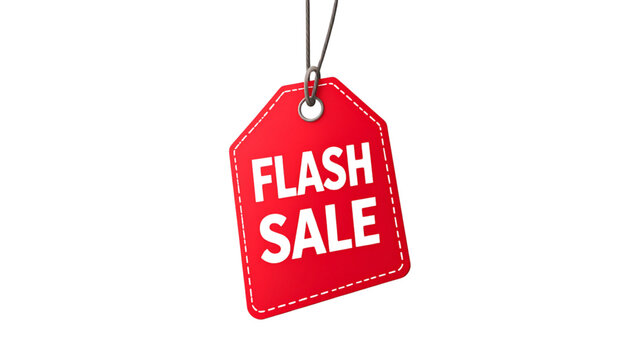 Red tag with "FLASH SALE" text hanging from a string, isolated on a white background.