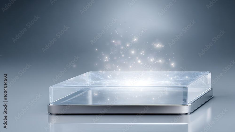 Poster transparent display platform emitting magical sparkles and light effects in a futuristic abstract se