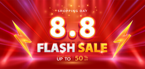 8.8 discount shopping Day flash sale promotion banner. Online shopping, discount campaign, limited time offers, special Offer coupon, voucher, banner template, websites, social media advertising.