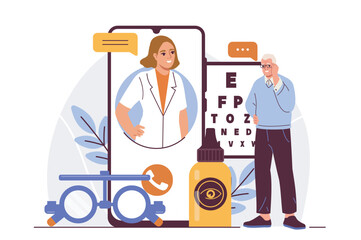 Female optometrist on smartphone screen with eye chart, eye drops, and lenses around, flat style on white background. Concept of virtual eye care. Vector illustration