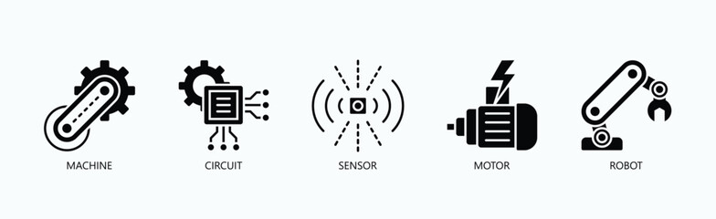 Building Blocks Of Robotics And Automation Icon Set Vector Illustration Concept With Icon Of Machine, Circuit, Sensor, Motor, Robot In Glyph Style