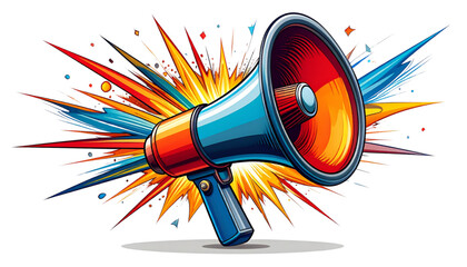 A vibrant megaphone explodes with colorful energy, symbolizing powerful announcement or message.