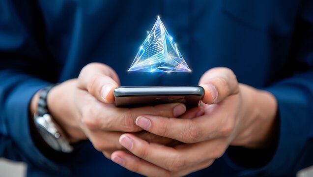 Futuristic mobile technology in hand showcasing a glowing pyramid symbolizing blockchain innovation and cryptocurrency trends for digital asset management