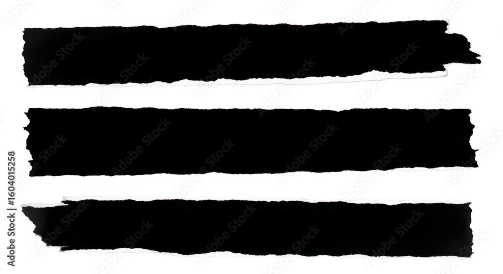 Poster torn tape on white background: abstract texture of torn black tape strips, offering a stark contrast