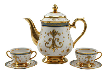 Isolated Ornate Gold and White Tea Set with Teacups