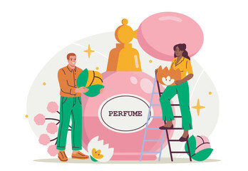Man and woman creating perfume with giant flowers near a large pink perfume bottle, flat cartoon style, white background, concept of fragrance creation. Vector illustration