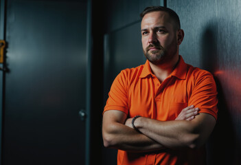 Obraz premium Music festival logistics coordinator in an orange shirt at event headquarters