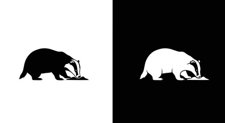 A stylized black and white graphic of a badger foraging, presented in both positive and negative space.