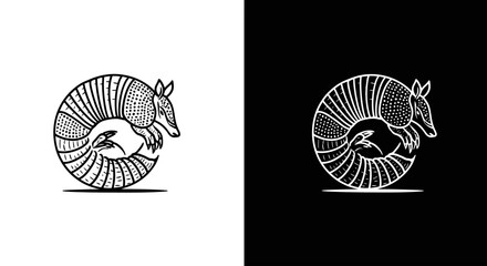 Two stylized armadillo logos, circular design, black and white variations.