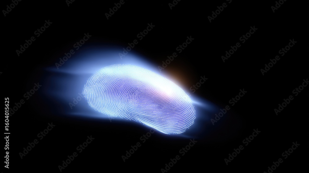 Poster abstract digital representation of a fingerprint with light trails on a dark background for technolo