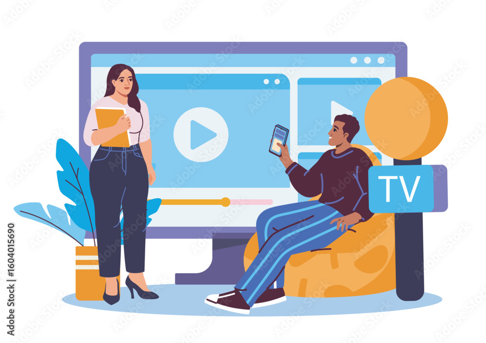 Poster man sitting with smartphone and woman holding folder in front of large screen showing video interfac