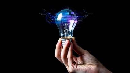 Hand Holding Glowing Light Bulb with Digital Circuitry Visualization on Black Background Innovative Tech Concept